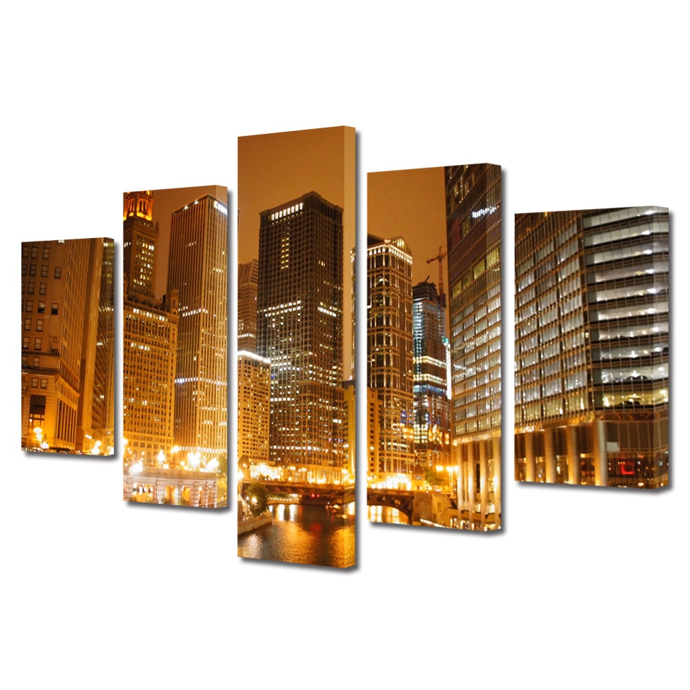 Set Tablouri Multicanvas BTex 5 Piese ArtDecoMag Modern Urban Orase Raul din Chicago noaptea, 100 x 175 cm