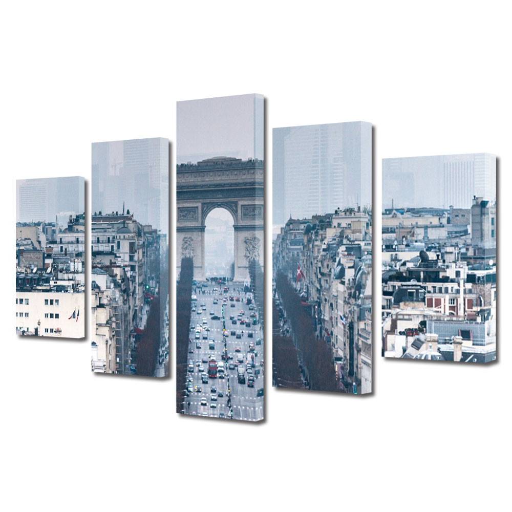 Set Tablouri Multicanvas BTex 5 Piese ArtDecoMag Modern Urban Orase Arcul de Triumf Paris Franta, 100 x 175 cm