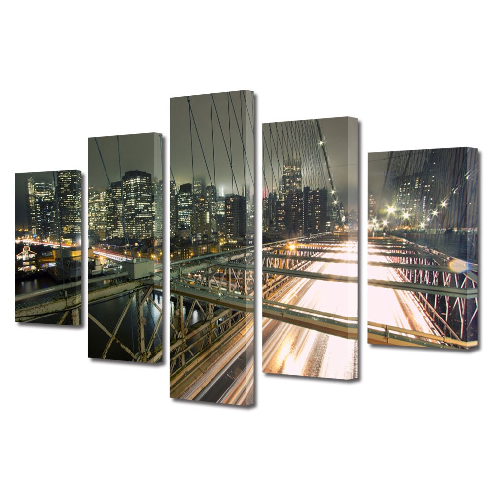 Tablou Multicanvas BTex 5 Piese ArtDecoMag Modern Urban Orase Pe podul Brooklyn in New York, 120 x 225 cm
