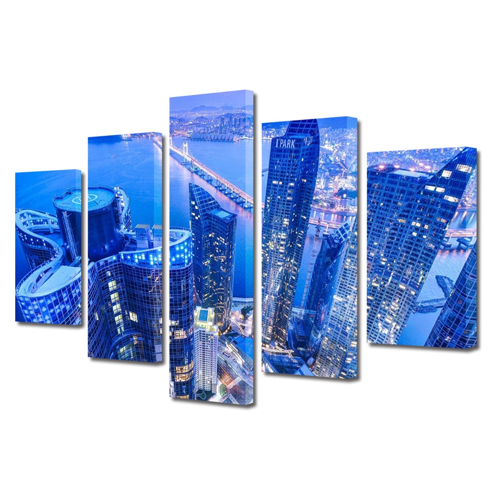 Set Tablouri Multicanvas BTex 5 Piese ArtDecoMag Modern Urban Orase Orasul Busan in Coreea de Sud, 100 x 175 cm