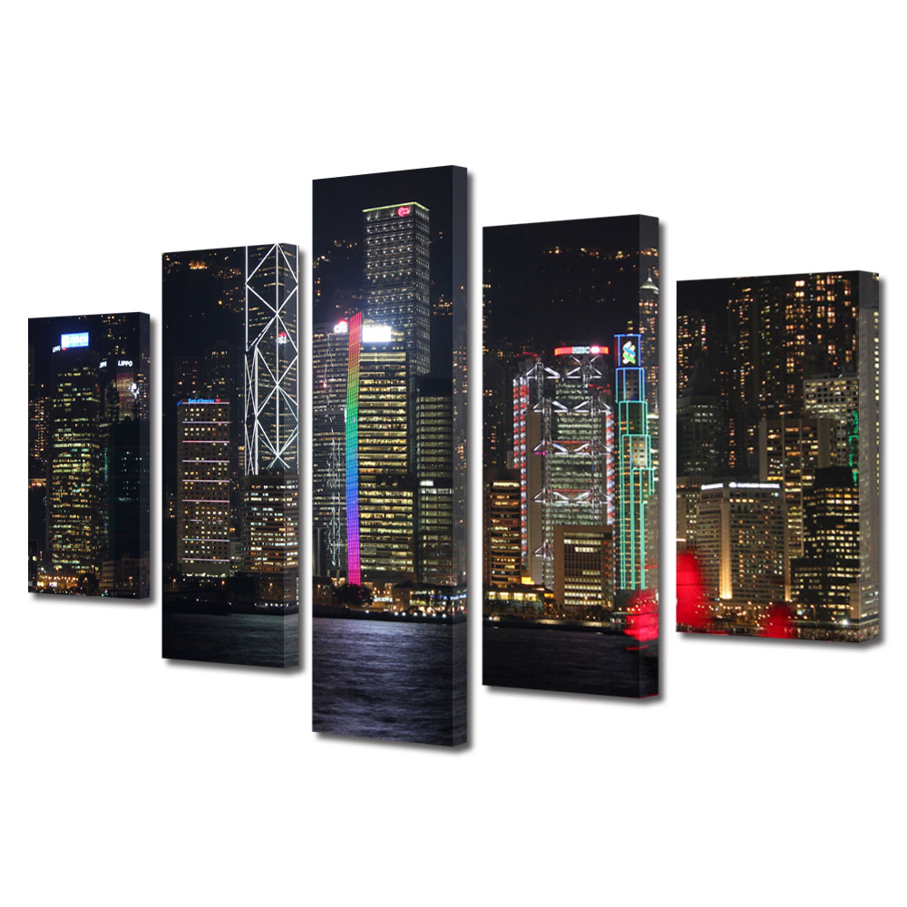 Set Tablouri Multicanvas BTex 5 Piese ArtDecoMag Modern Urban Orase Centrul Hong Kong China noaptea, 70 x 125 cm