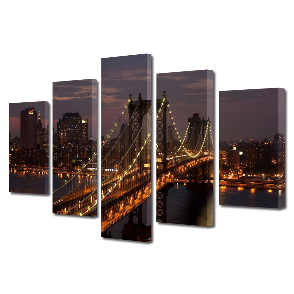 Set Tablouri Multicanvas BTex 5 Piese ArtDecoMag Modern Urban Orase Lumini pe pod, 110 x 200 cm