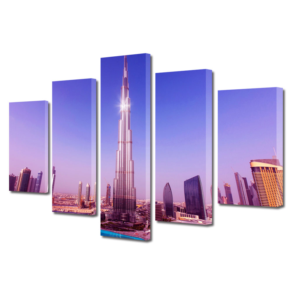 Set Tablouri Multicanvas BTex 5 Piese ArtDecoMag Modern Urban Orase Burj Khalifa Dubai, 100 x 175 cm