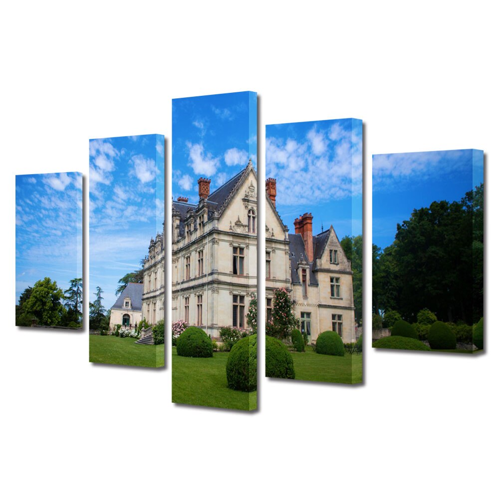 Set Tablouri Multicanvas BTex 5 Piese ArtDecoMag Modern Urban Orase Castel in Franta, 70 x 125 cm