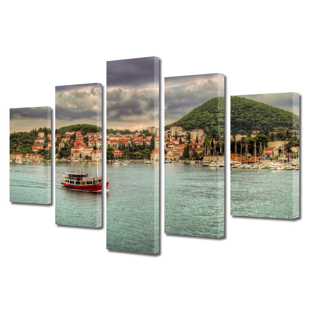 Set Tablouri Multicanvas BTex 5 Piese ArtDecoMag Modern Urban Orase Coasta Croatiei, 70 x 125 cm
