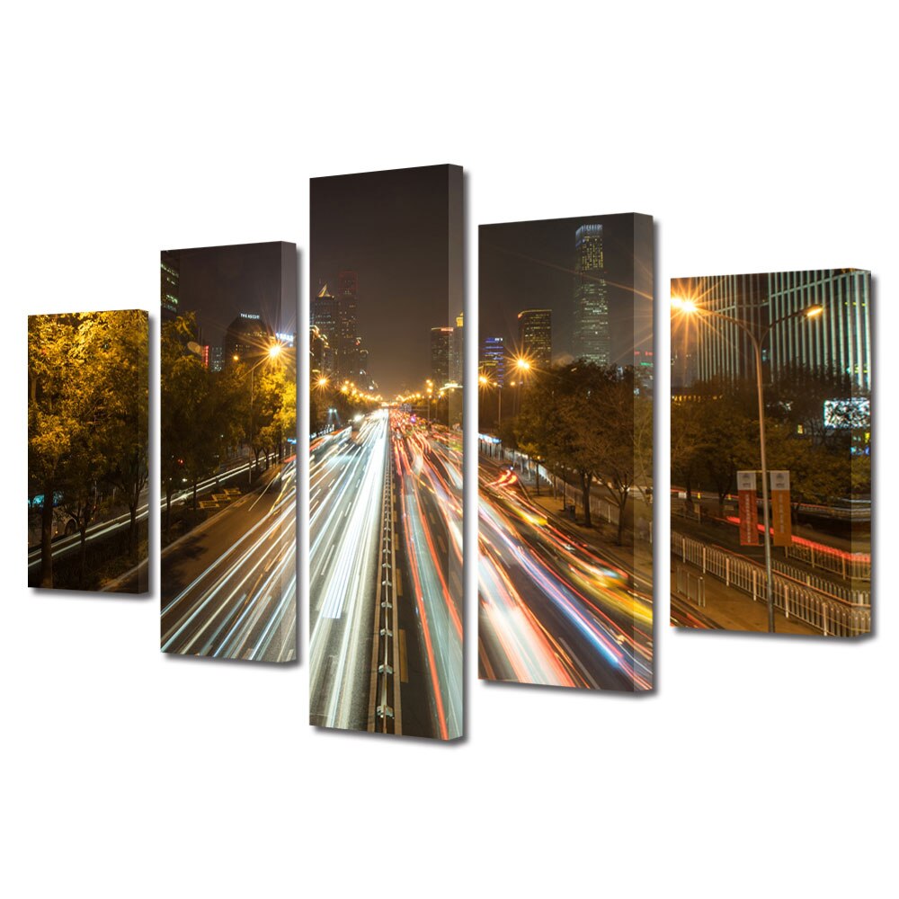 Set Tablouri Multicanvas BTex 5 Piese ArtDecoMag Modern Urban Orase Trafic in Beijing China, 70 x 125 cm