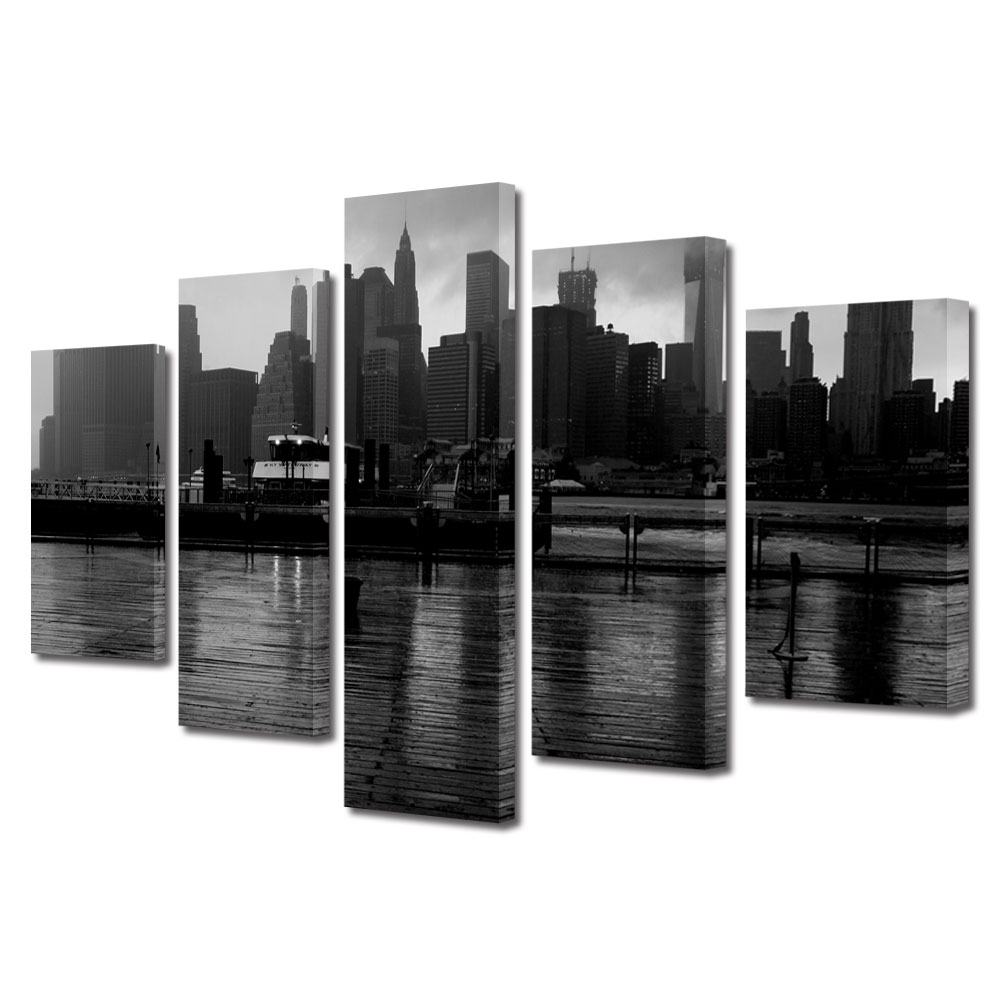 Set Tablouri Multicanvas BTex 5 Piese ArtDecoMag Modern Urban Orase New York pe apa, 70 x 125 cm