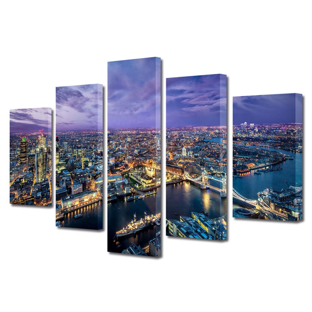 Set Tablouri Multicanvas BTex 5 Piese ArtDecoMag Modern Urban Orase Londra noaptea, 110 x 200 cm