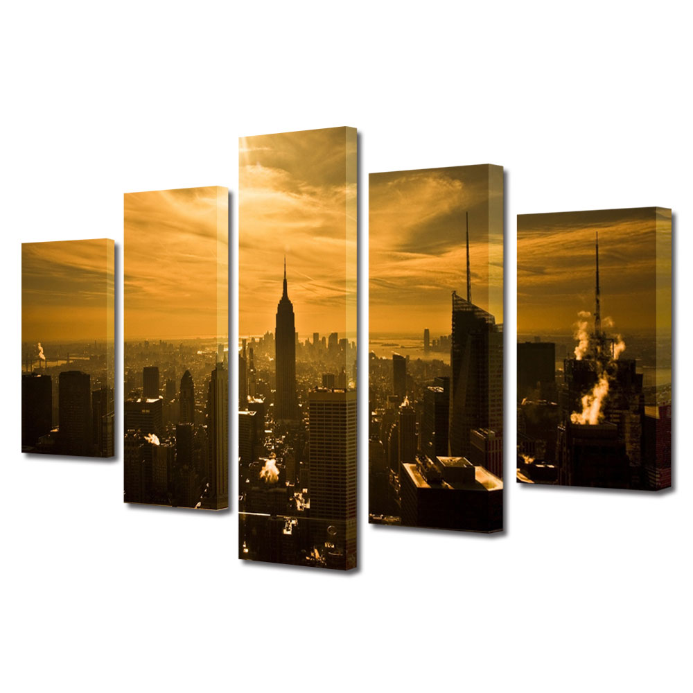 Set Tablouri Multicanvas BTex 5 Piese ArtDecoMag Modern Urban Orase Panorama in New York la apus, 100 x 175 cm