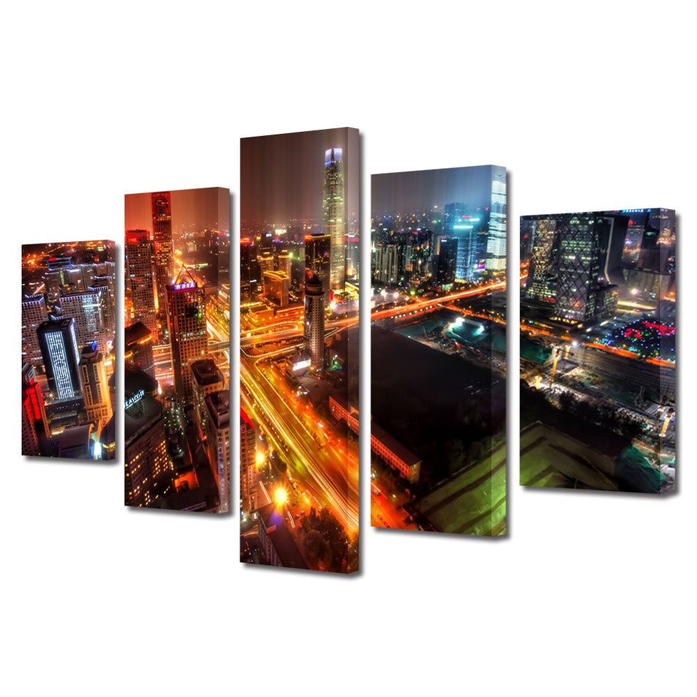 Set Tablouri Multicanvas BTex 5 Piese ArtDecoMag Modern Urban Orase Beijing dupa ploaie China, 70 x 125 cm
