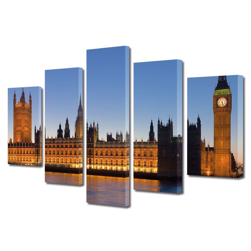 Set Tablouri Multicanvas BTex 5 Piese ArtDecoMag Modern Urban Orase Parlamentul din Londra, 80 x 150 cm