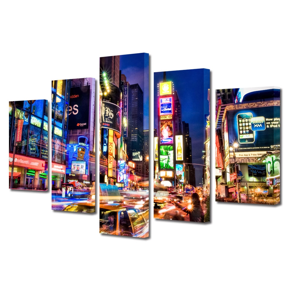 Set Tablouri Multicanvas BTex 5 Piese ArtDecoMag Modern Urban Orase Noaptea prin New york, 100 x 175 cm
