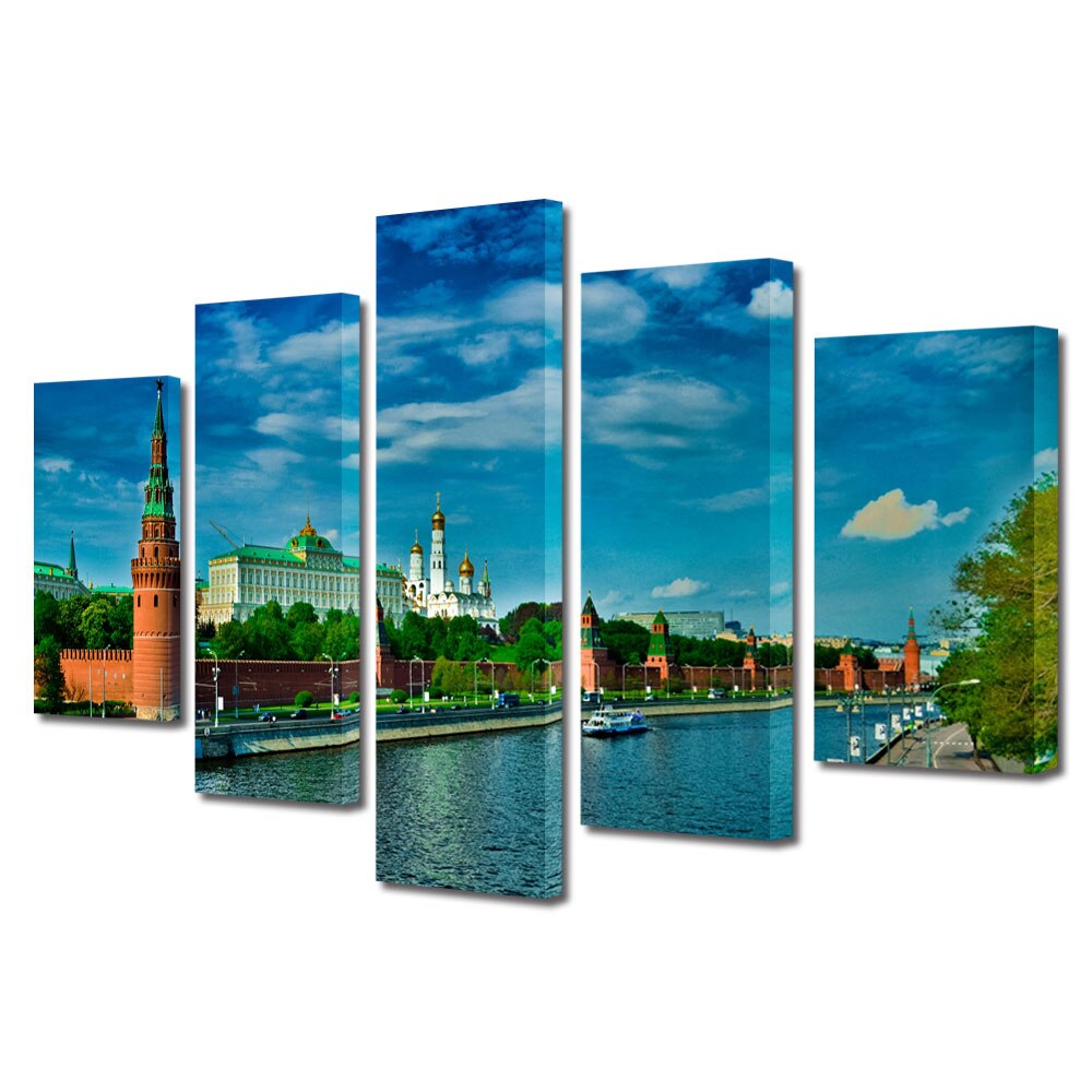 Set Tablouri Multicanvas BTex 5 Piese ArtDecoMag Modern Urban Orase Kremlin Moscova, 80 x 150 cm