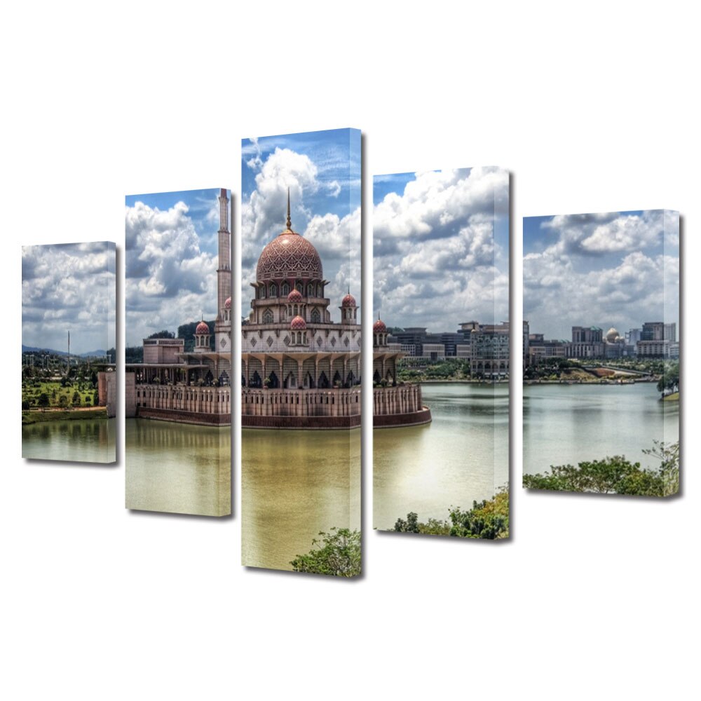 Set Tablouri Multicanvas BTex 5 Piese ArtDecoMag Modern Urban Orase Moschee in Kuala Lumpur, 80 x 150 cm