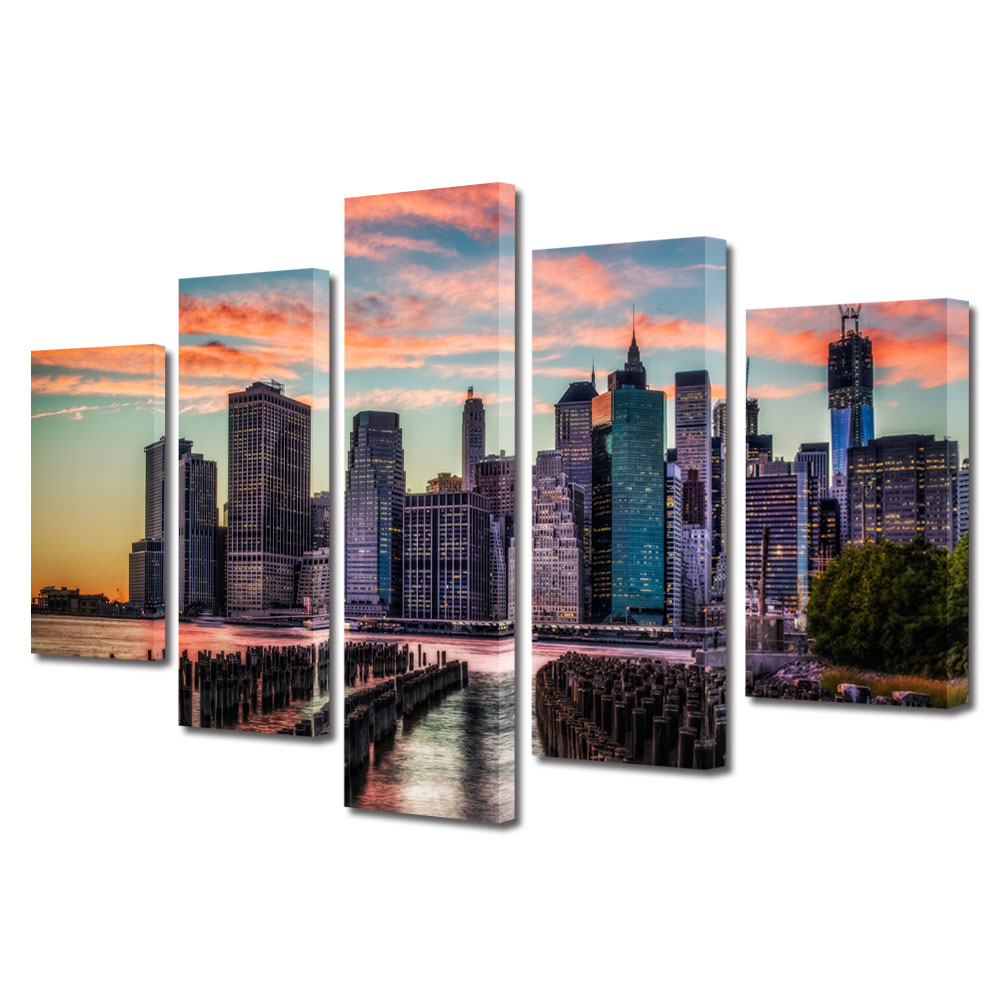 Set Tablouri Multicanvas BTex 5 Piese ArtDecoMag Modern Urban Orase New York la apus, 110 x 200 cm