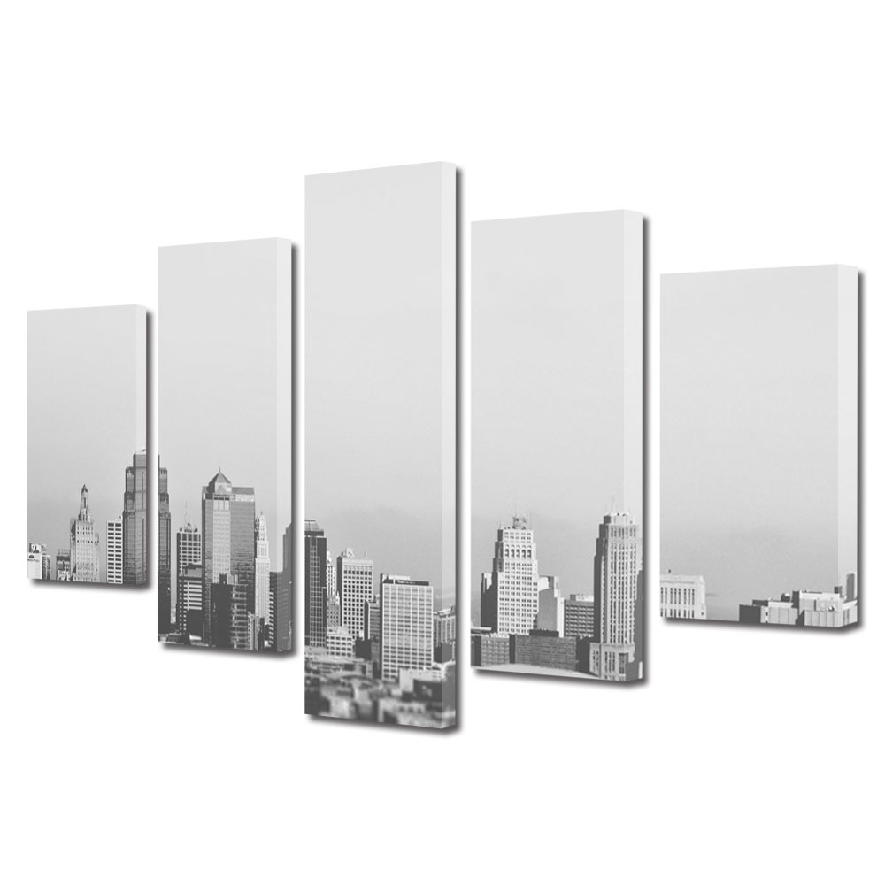 Tablou Multicanvas BTex 5 Piese ArtDecoMag Modern Urban Orase New York Alb Negru in departare, 120 x 225 cm