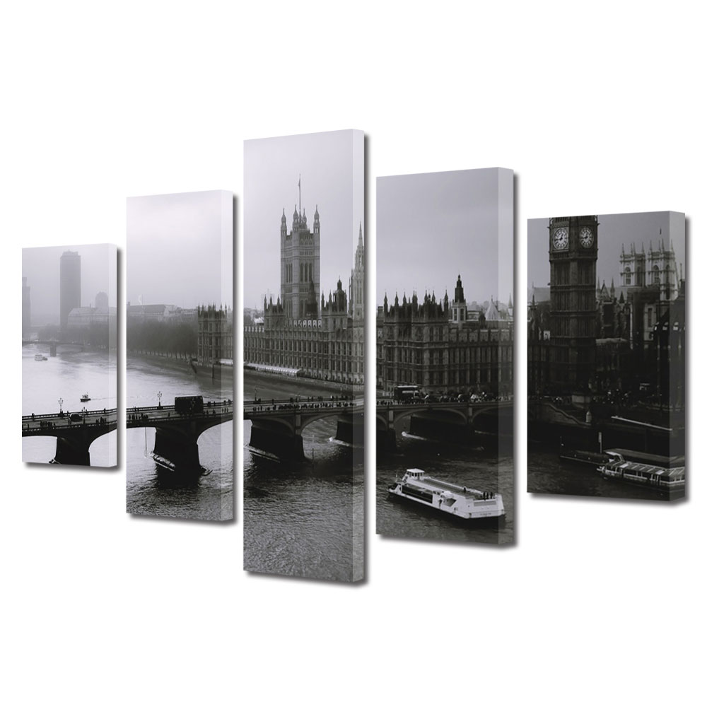 Set Tablouri Multicanvas BTex 5 Piese ArtDecoMag Modern Urban Orase Londra Alb Negru, 100 x 175 cm