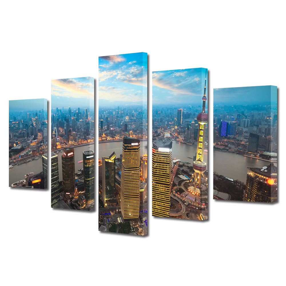 Set Tablouri Multicanvas BTex 5 Piese ArtDecoMag Modern Urban Orase Apus in Shanghai China, 80 x 150 cm