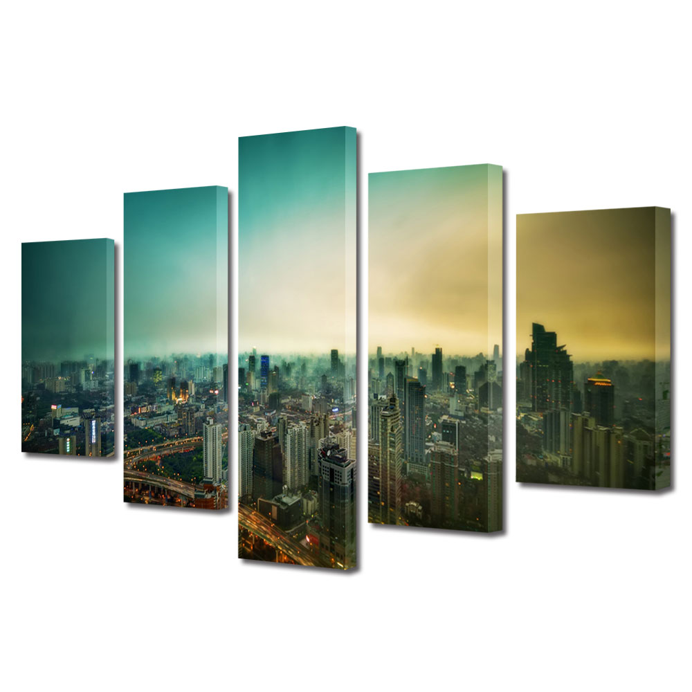 Set Tablouri Multicanvas BTex 5 Piese ArtDecoMag Modern Urban Orase Shanghai, 70 x 125 cm
