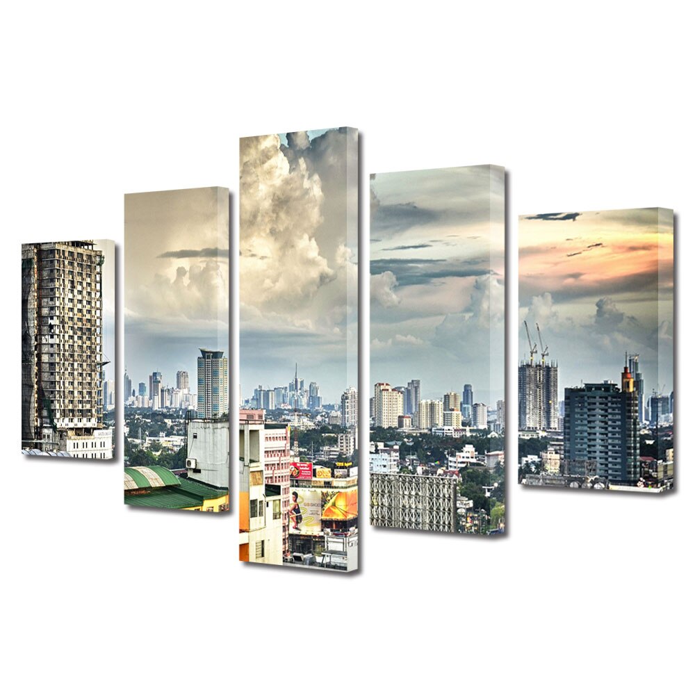 Tablou Multicanvas BTex 5 Piese ArtDecoMag Modern Urban Orase Acoperisuri, 120 x 225 cm