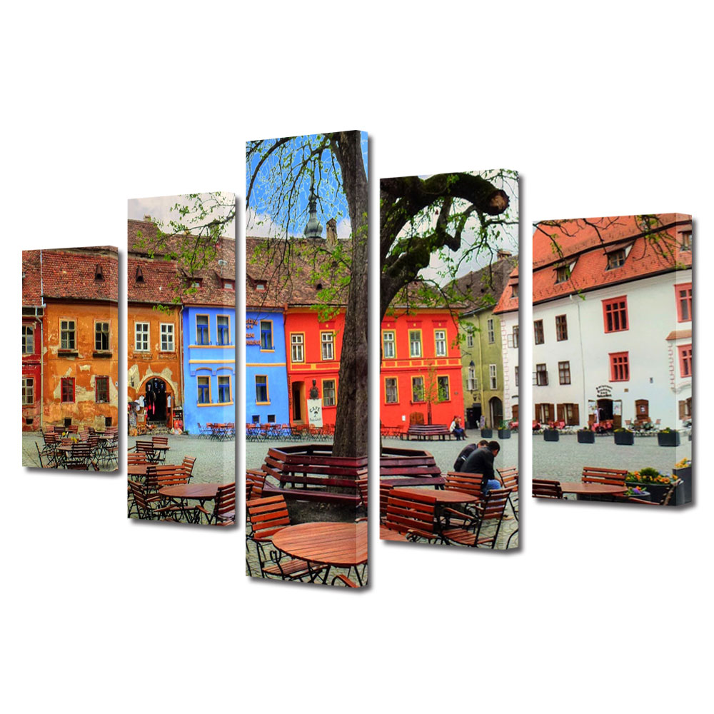 Set Tablouri Multicanvas BTex 5 Piese ArtDecoMag Modern Urban Orase Centrul Sighisoarei, 100 x 175 cm