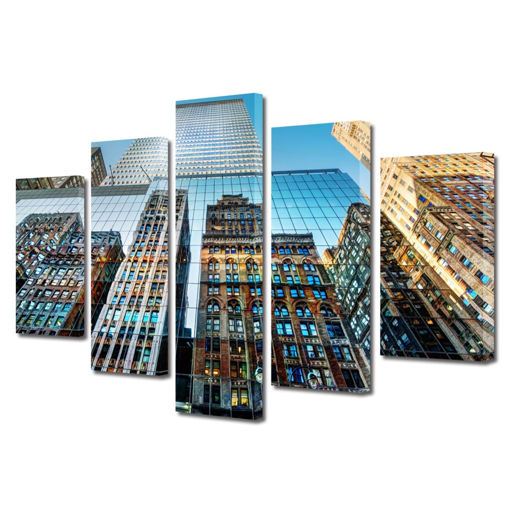 Set Tablouri Multicanvas BTex 5 Piese ArtDecoMag Modern Urban Orase Reflexie in cladiri, 70 x 125 cm