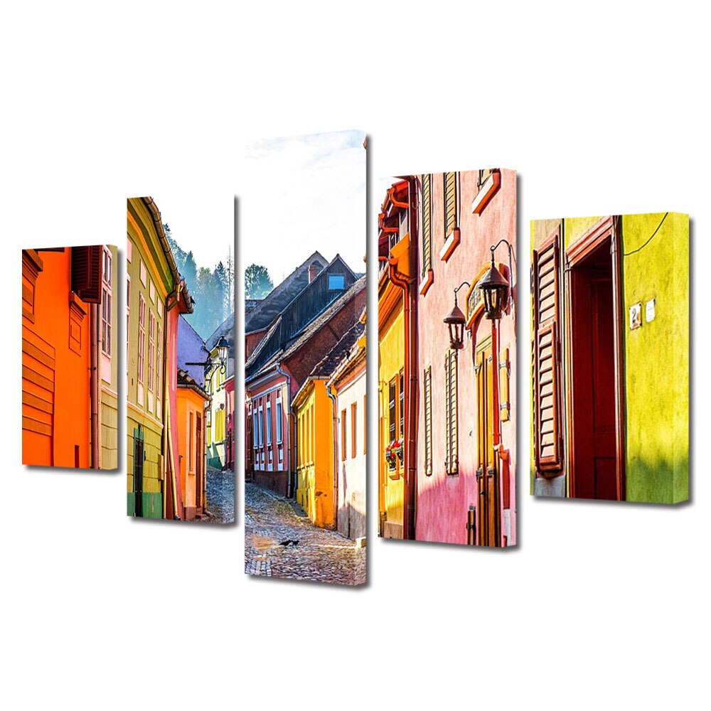 Set Tablouri Multicanvas BTex 5 Piese ArtDecoMag Modern Urban Orase Oras Medieval Sighisoara, 80 x 150 cm