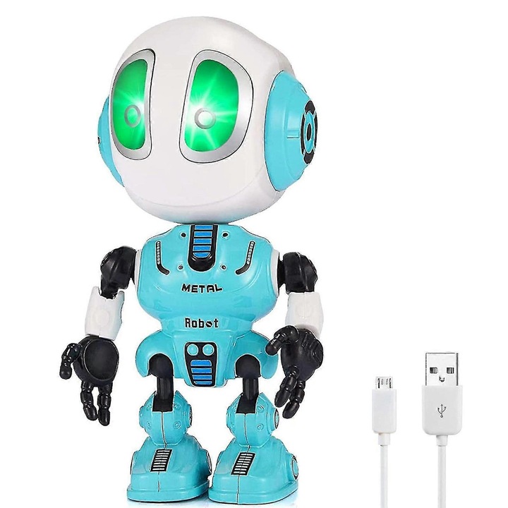 Играчка робот говорещ FG-K0509--260827-8608, презареждаем, повтаря каквото кажеш, LED светлини и звуци, стойка за телефон, 6 x 5 x 12 см, тюркоаз/бял