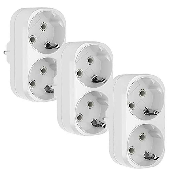 Set 3 adaptoare priza tip EU CJ-F-K0204-20260905-4606, dublu cu impamantare, 16 A/250 V, pana la 3680 W, protectie copii, alb