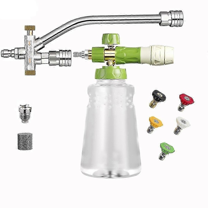 Kit spumator 5-in-1 pentru aparat de spalat cu presiune CJ-F-K0204-20260905-5259, reglabil presiune, conector dublu 1/4 inch, set 5 duze, verde/transparent