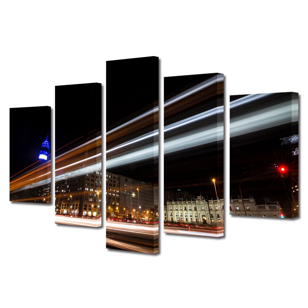 Set Tablouri Multicanvas BTex 5 Piese ArtDecoMag Modern Urban Orase Santiago Spania Noaptea, 70 x 125 cm