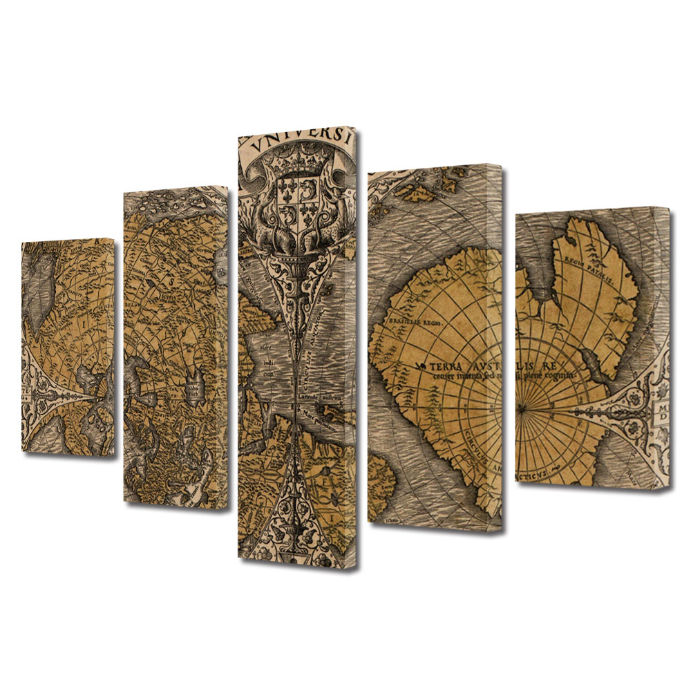 Set Tablouri Multicanvas BTex 5 Piese ArtDecoMag Modern Urban Orase Harta veche, 80 x 150 cm