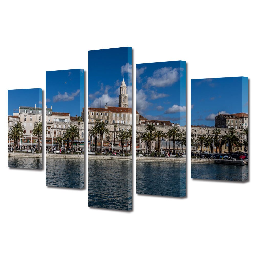 Set Tablouri Multicanvas BTex 5 Piese ArtDecoMag Modern Urban Orase Panorama in orasul Split, 110 x 200 cm