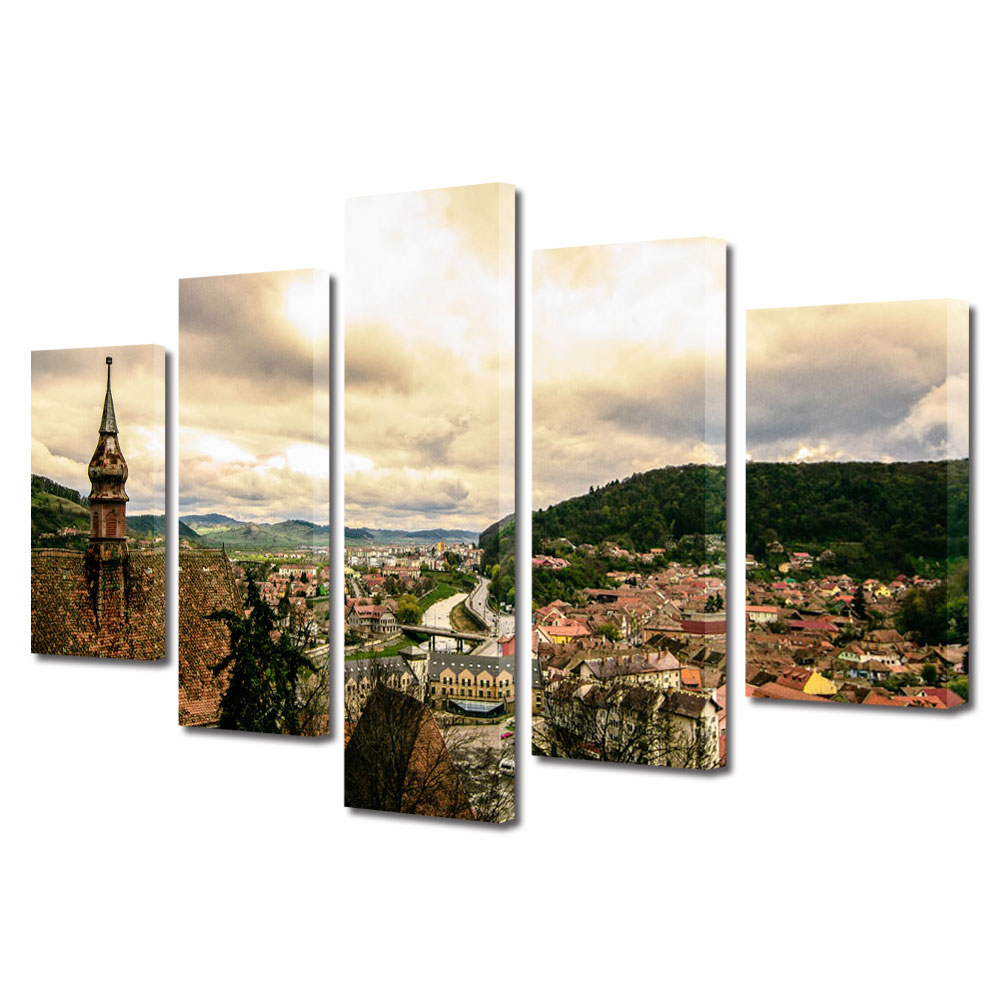 Set Tablouri Multicanvas BTex 5 Piese ArtDecoMag Modern Urban Orase Sighisoara de sus, 80 x 150 cm