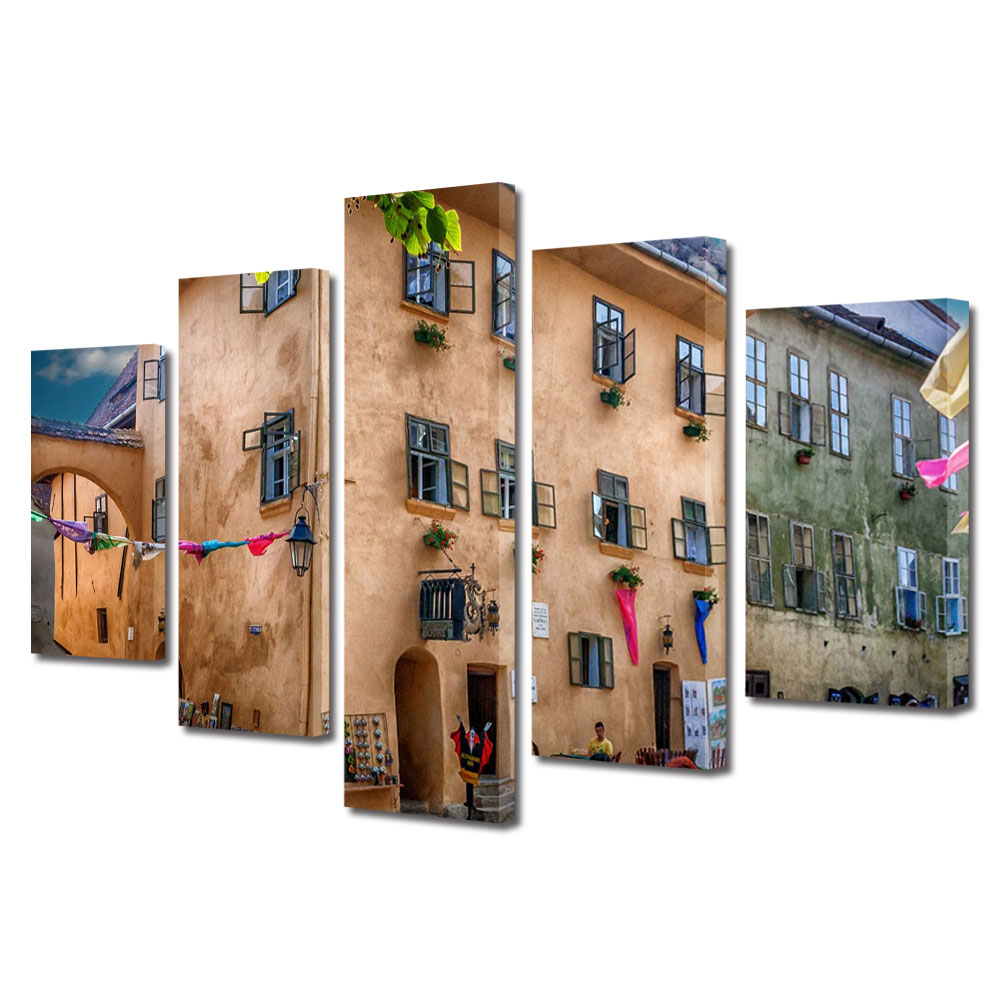 Set Tablouri Multicanvas BTex 5 Piese ArtDecoMag Modern Urban Orase Casa Dracula Sighisoara, 100 x 175 cm