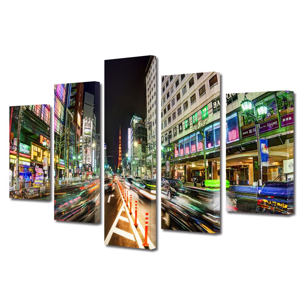 Set Tablouri Multicanvas BTex 5 Piese ArtDecoMag Modern Urban Orase Strazi in Tokyo, 110 x 200 cm