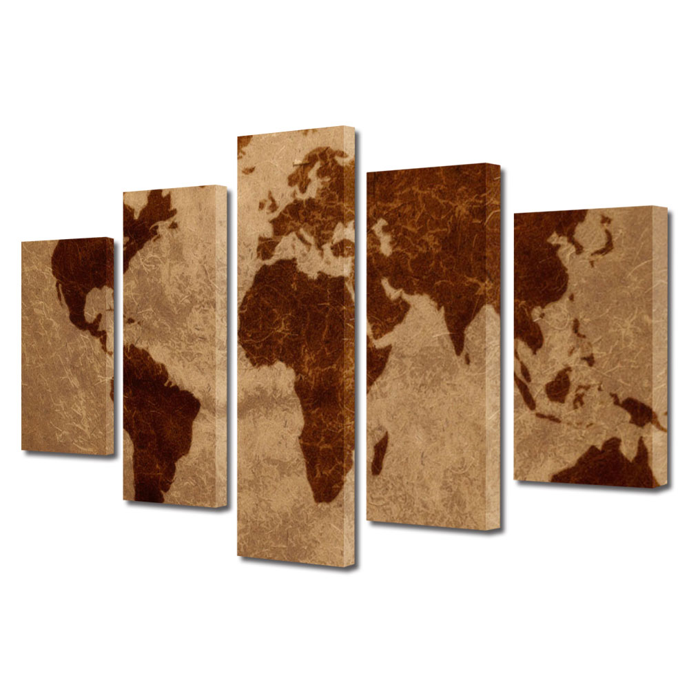 Set Tablouri Multicanvas BTex 5 Piese ArtDecoMag Modern Urban Orase Harta lumii Vintage, 70 x 125 cm