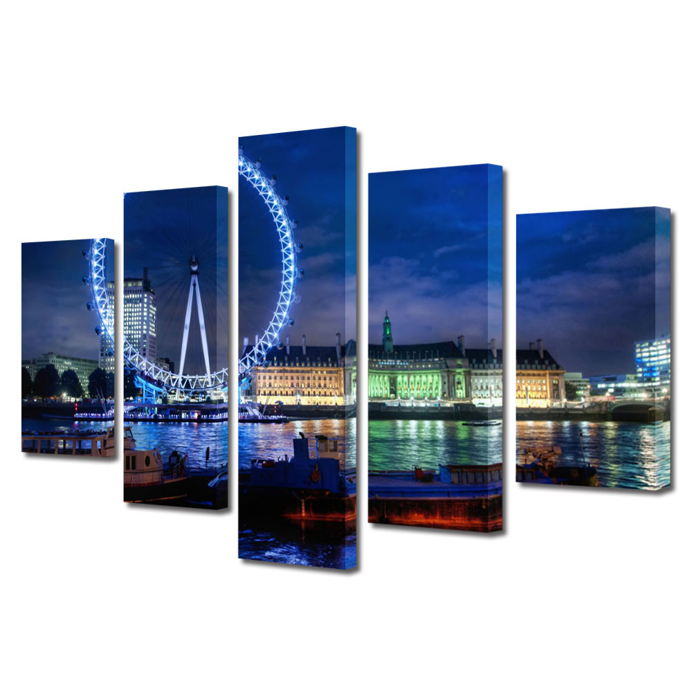 Set Tablouri Multicanvas BTex 5 Piese ArtDecoMag Modern Urban Orase Roata in Londra in noapte, 110 x 200 cm