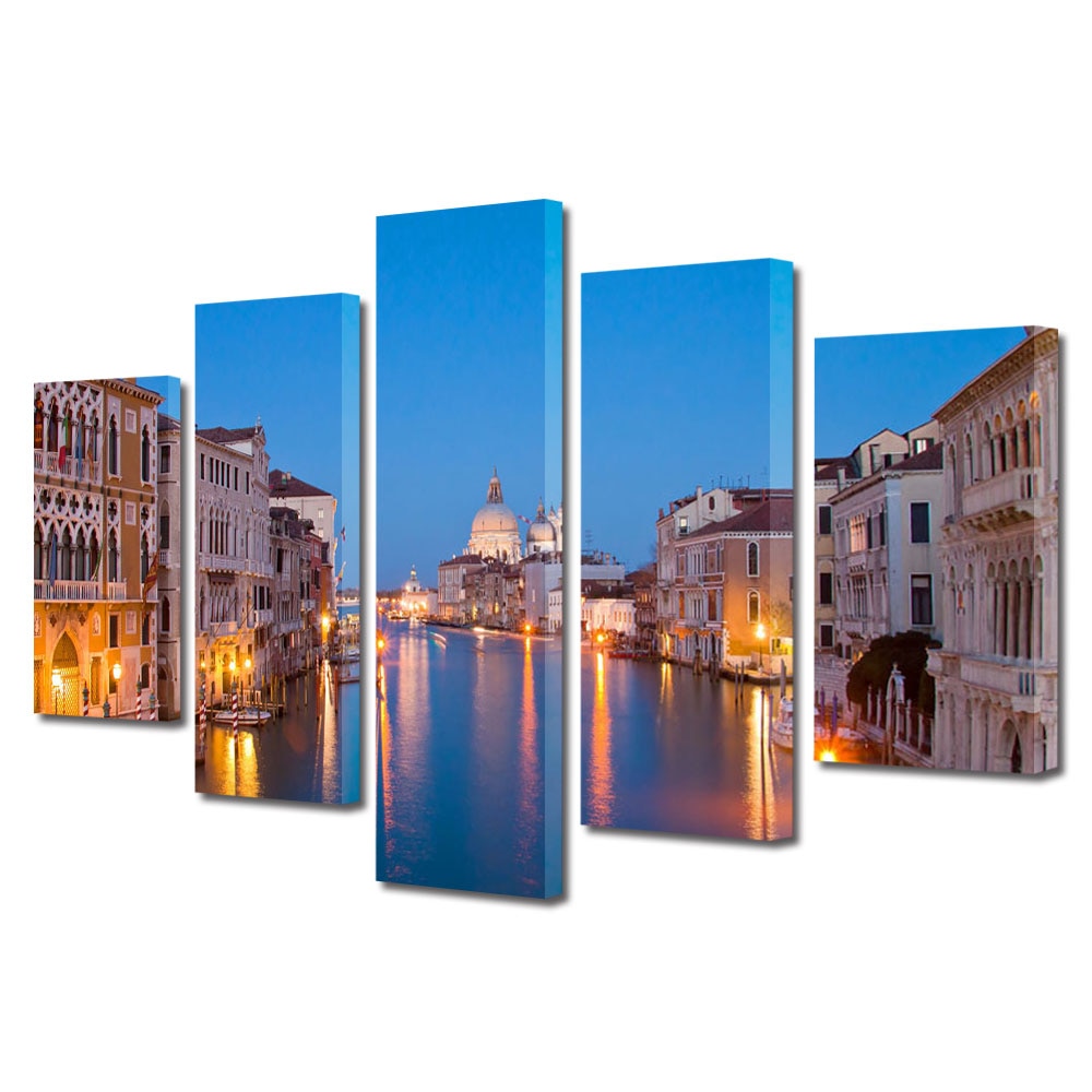 Tablou Multicanvas BTex 5 Piese ArtDecoMag Modern Urban Orase Lumini pe canal in Venetia, 120 x 225 cm