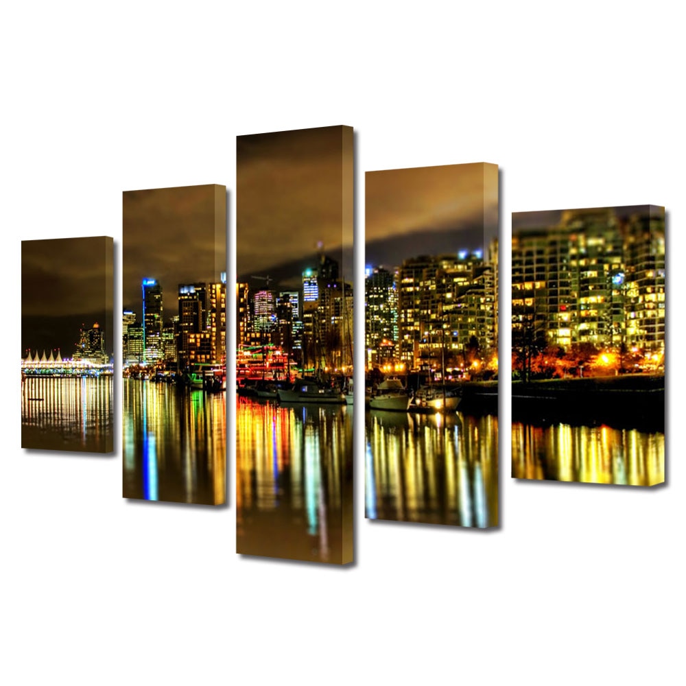 Set Tablouri Multicanvas BTex 5 Piese ArtDecoMag Modern Urban Orase Vancouver Canada Noaptea, 100 x 175 cm