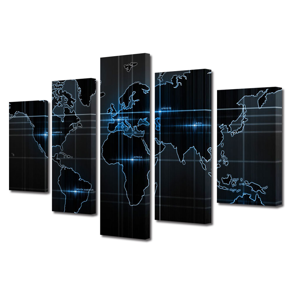 Set Tablouri Multicanvas BTex 5 Piese ArtDecoMag Modern Urban Orase Harta lumii SF, 80 x 150 cm