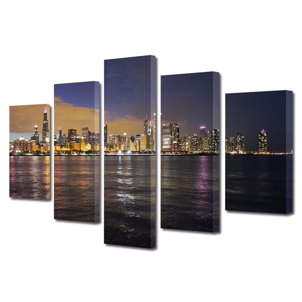 Set Tablouri Multicanvas BTex 5 Piese ArtDecoMag Modern Urban Orase Chicago, 100 x 175 cm