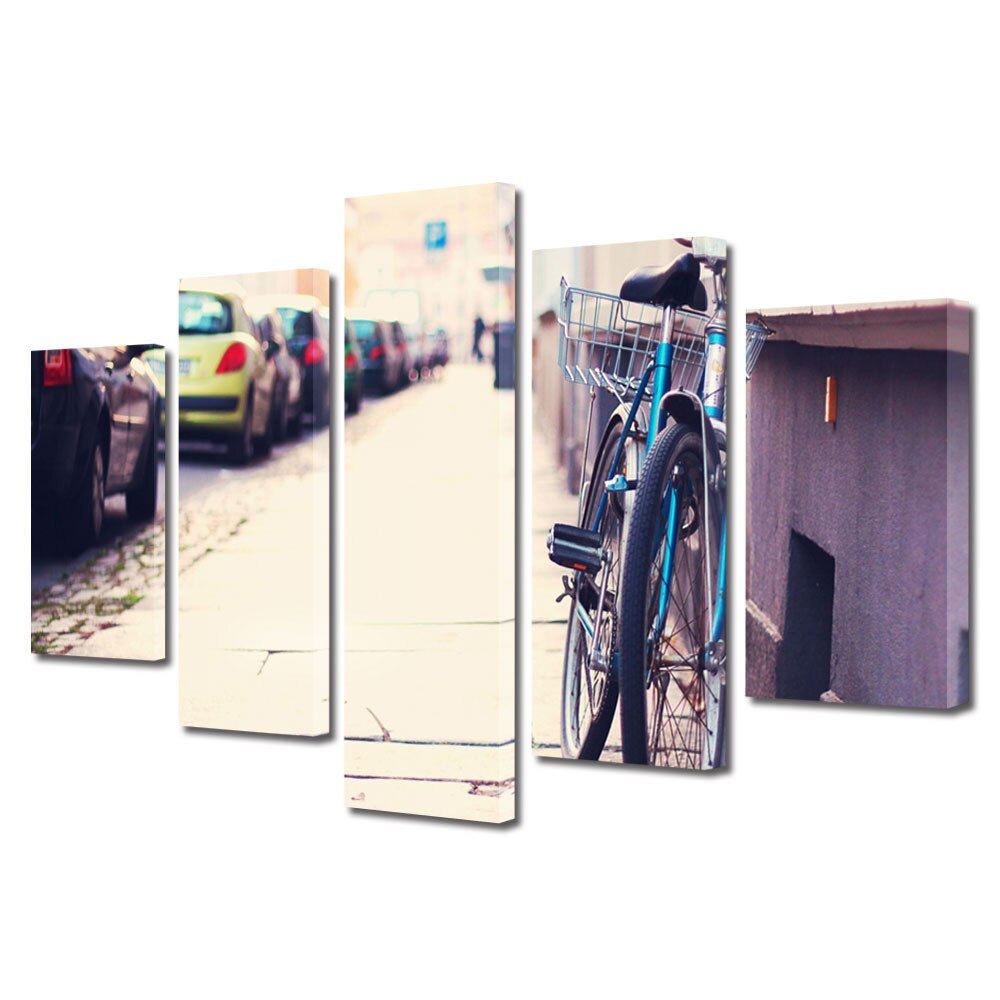 Set Tablouri Multicanvas BTex 5 Piese ArtDecoMag Modern Urban Orase Cu bicicleta in oras, 100 x 175 cm