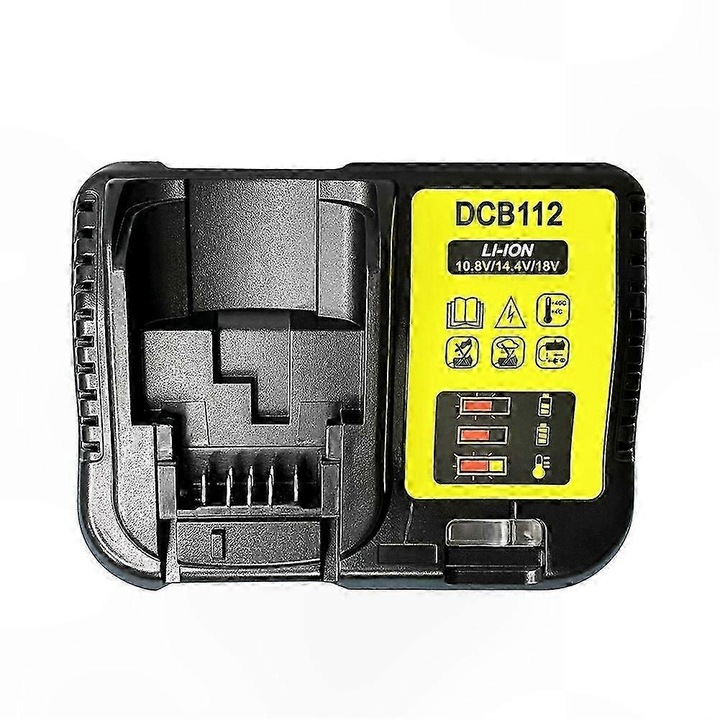 Incarcator baterie litiu-ion CJ-F-K0204-20260905-7251, inlocuitor compatibil cu DeWalt DCB112/DCB102/DCB105/DCB207/DCB204, 100–260 V AC, output 10.8–20 V DC, fisa EU, negru