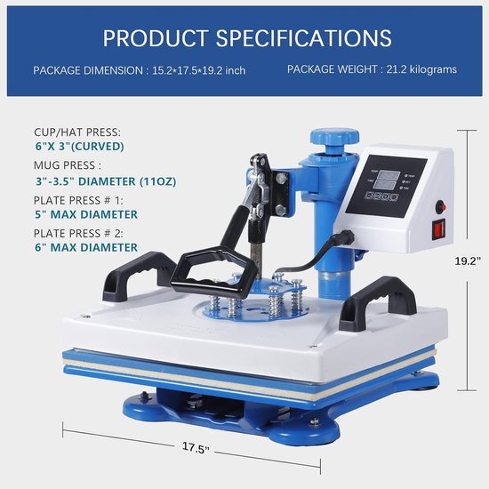 Presa termica 5-in-1 Corenia QRE-4503376, platou 30 x 38 cm, dubla incalzire tubulara, brat rotativ 360°, afisaj LCD digital, alb, 1250W