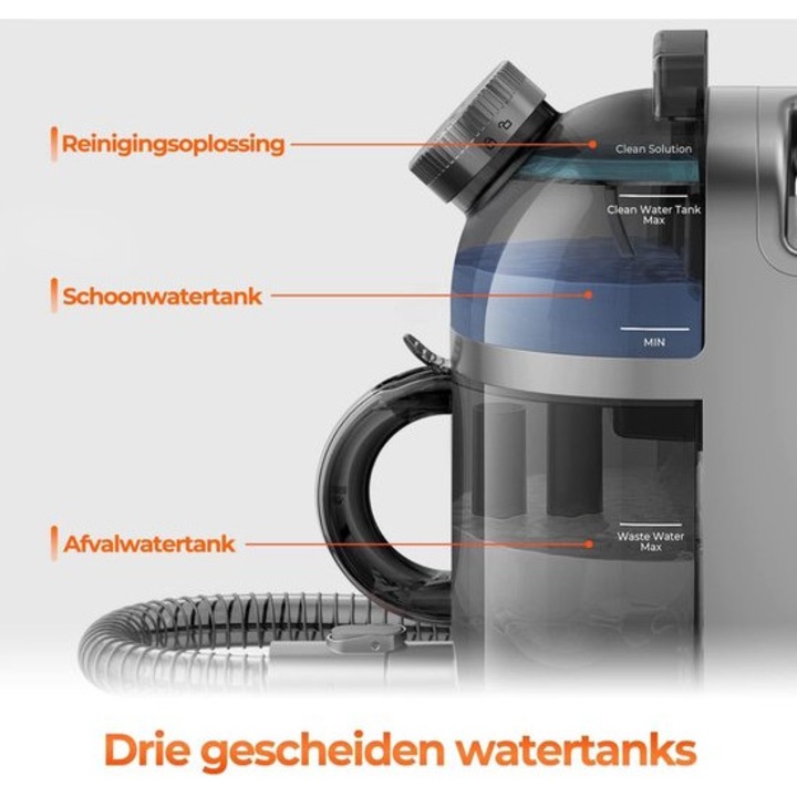Aspirator pentru tapiterii Corenia QRE-1018719, 500W, 12.000 Pa, functie abur 99°C, rezervor apa 1.500 ml + 200 ml solutie, display LED touchscreen, gri