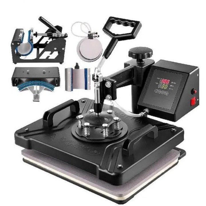 Presa termica 6-in-1 Corenia QRE-1017132, 1250W, placa 30 x 38 cm (12x15 inch), pentru tricouri, cani, sepci si placi, afisaj LCD digital, negru