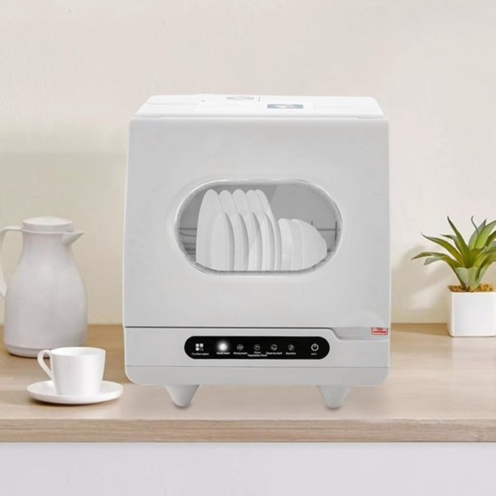 Masina de spalat vase compacta Corenia QRE-1016996, 800 W 220 V, programe multiple (dezinfectare, fructe/legume), consum 5 L/ciclu, 55 dB, max farfurie 38 cm, 45 x 45 x 38 cm, alb
