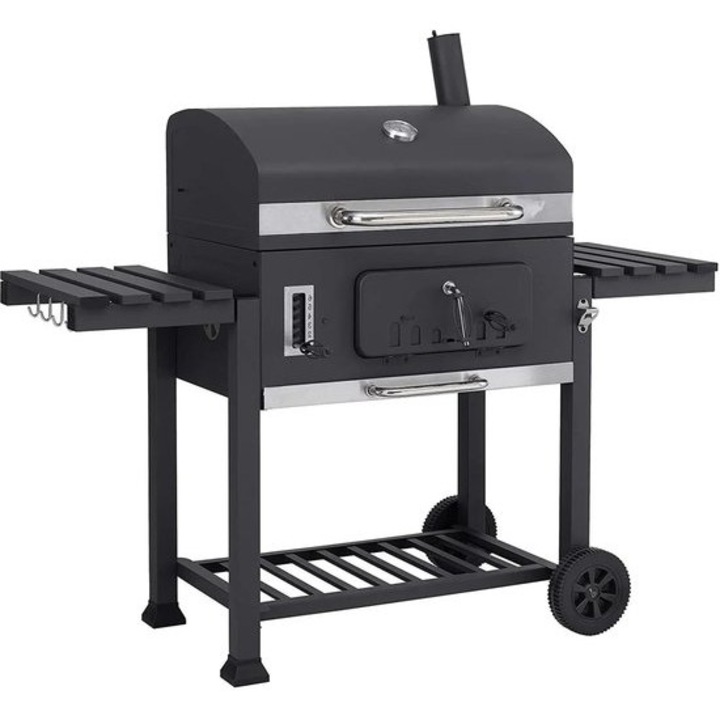 Grill pe carbuni Corenia QRE-1017590, gratar principal 68x46 cm, gratar superior 67x23 cm, gratar rotund O30,5 cm, lada carbuni reglabila 6 trepte, termometru in capac, placi laterale cu carlige, tava de cenusa, roti, negru, 152 x 60 x 136 cm