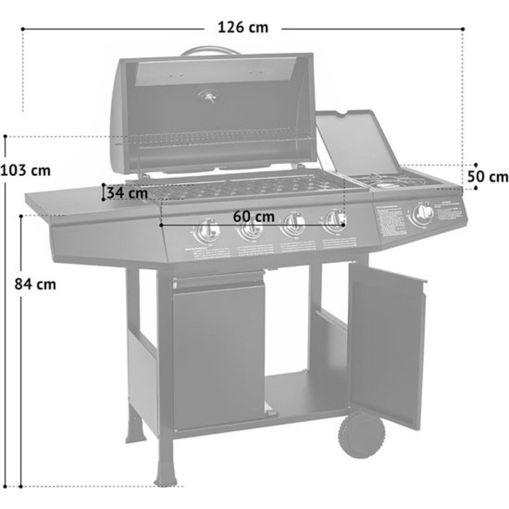 Gratar pe gaz Corenia Basic 4+1 QRE-1017763, 4 arzatoare din otel inoxidabil + arzator lateral, suprafata gratar 61x32 cm, termometru in capac, negru, 126 x 103 x 50 cm